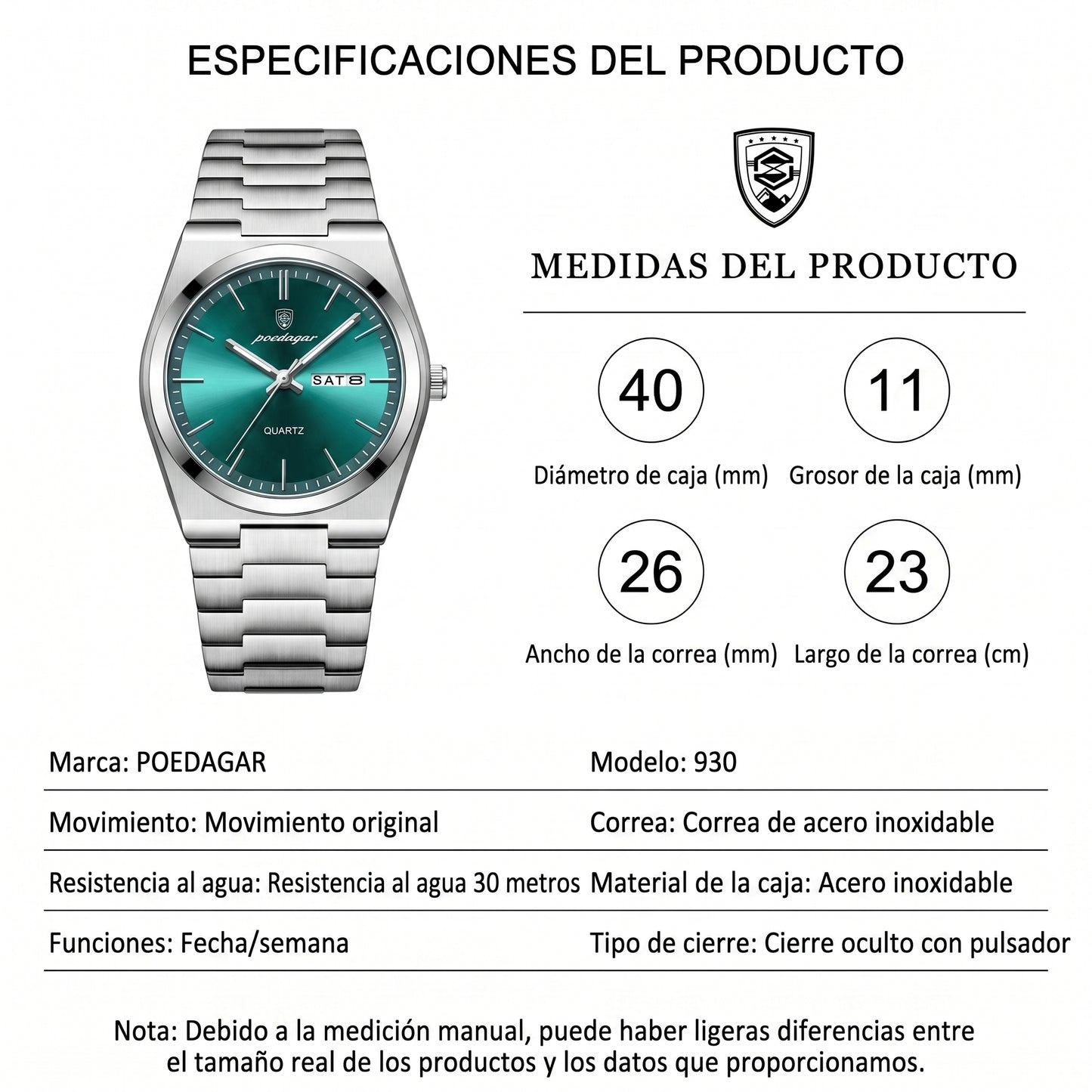 Poedagar 930 - Elegante, Resistente al Agua y Brillo nocturno.